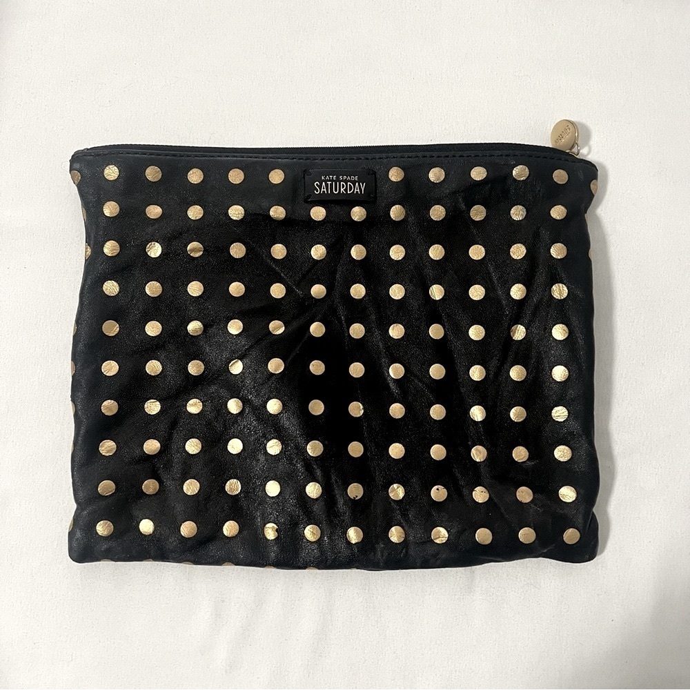 Kate Spade Saturday Black Clutch Gold Dot Stud Toiletry Travel Cosmetic Bag